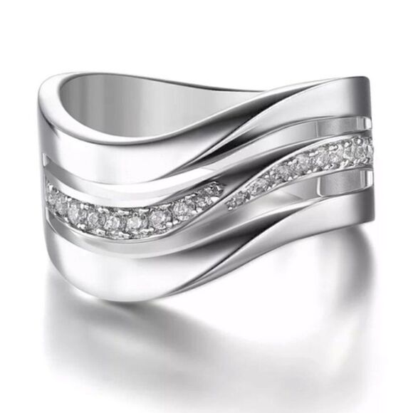 STERLING SILVER GEOMETRIC WAVY DIAMOND RING - Picture 1 of 4